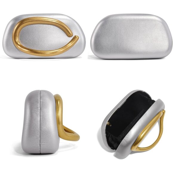 Women\'s Silver Leather Trendy Formal Evening Clutch Shoulder Strap Handle Bags